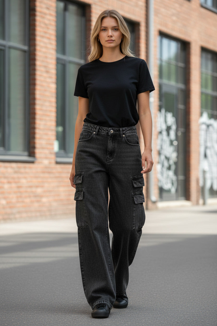 Medal wearing black t shirts"and"dark cargo pants"